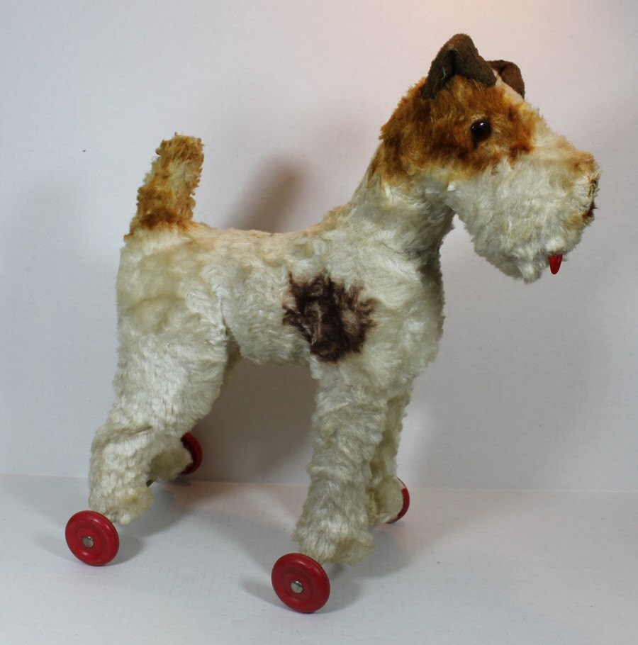 FREE SHIPPING Antique 1930's Tall Stuffed Dog On Wheels