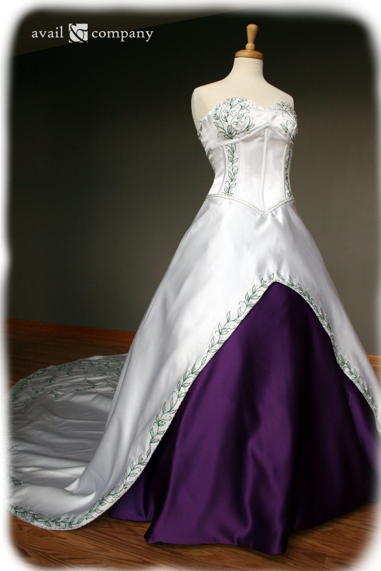 White and Purple Wedding Dress with Green Embroidery Custom