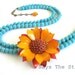 RESERVED for M- Orange flower and turquoise necklace-vintage orange and red zinnia -asymmetrical turquoise necklace-- OOAK jewelry