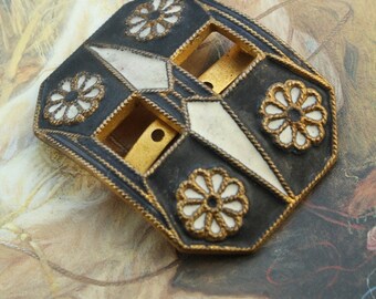 Vintage AMAZING RARE Original Old Brass Matte Black and Ivory Enamel Buckle