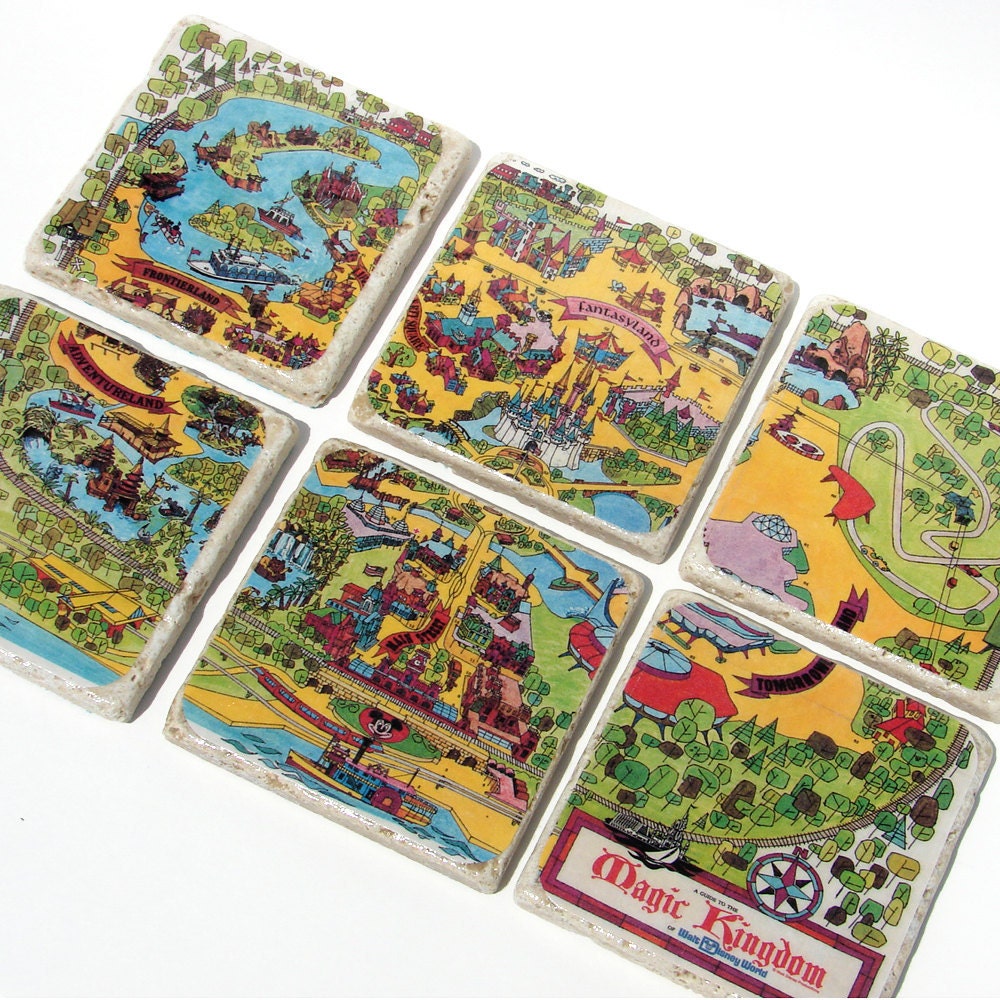 walt disney world vintage map coasters set of 6 by