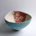 Ceramic deep bowl - red white and blue turquoise kimono spring flowers