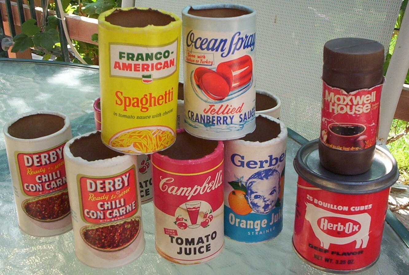 Toy Food. Vintage Toy Can Food. Vintage Cardboard Toy Canned