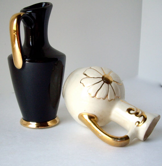 Vintage Ceramic Vases Black and White Two 22K gold 1960