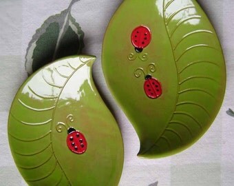 Leaf with Ladybug Ceramic Dish, bowl, plate, catchall, jewelry, ring, decor, soap dish, candle holder, teabag holder, spoonrest.