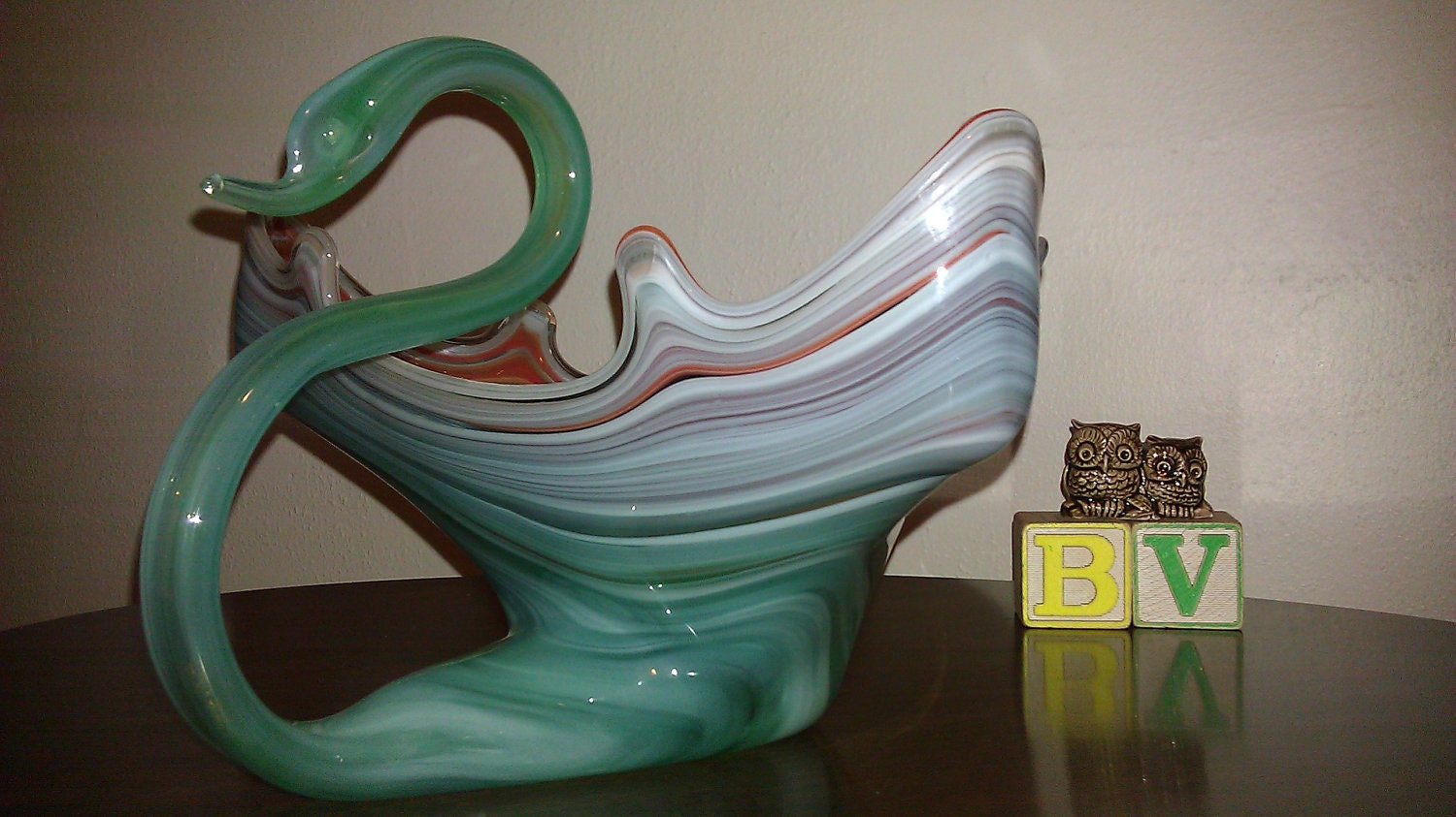 Vintage Hand Blown Swirl Glass Swan Vase Dish