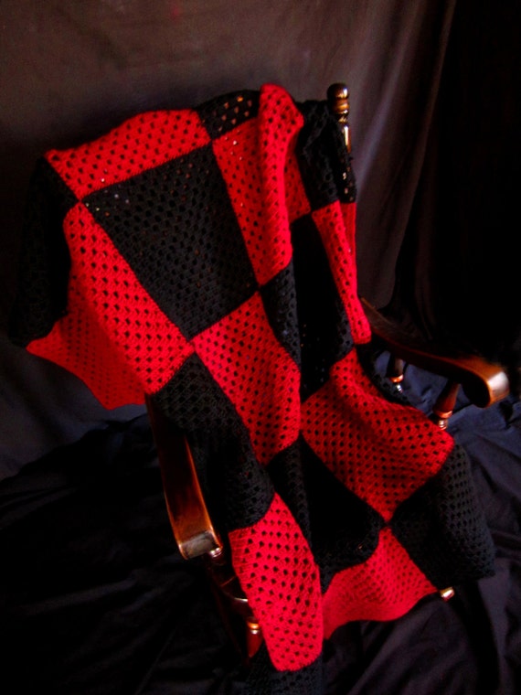 Large Crocheted Black and Red Checkerboard Granny Square