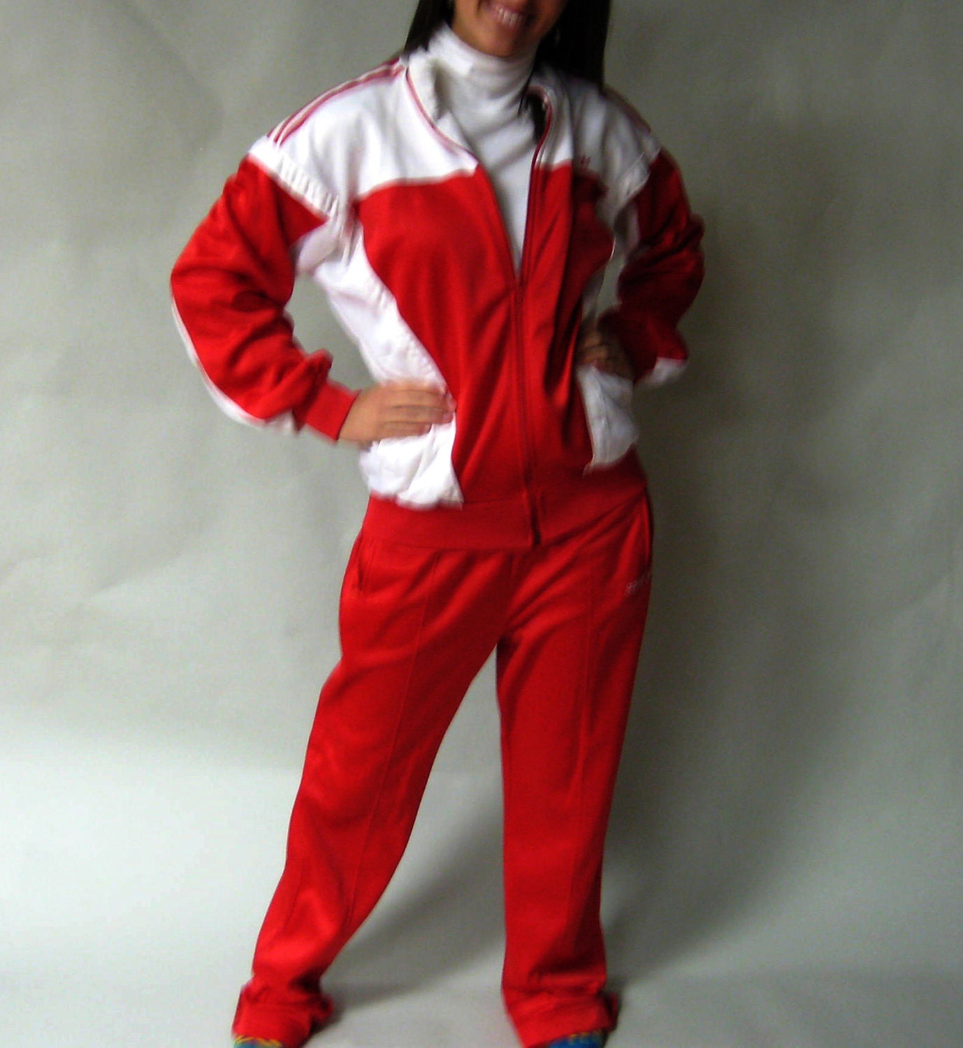 red and white jogging suit