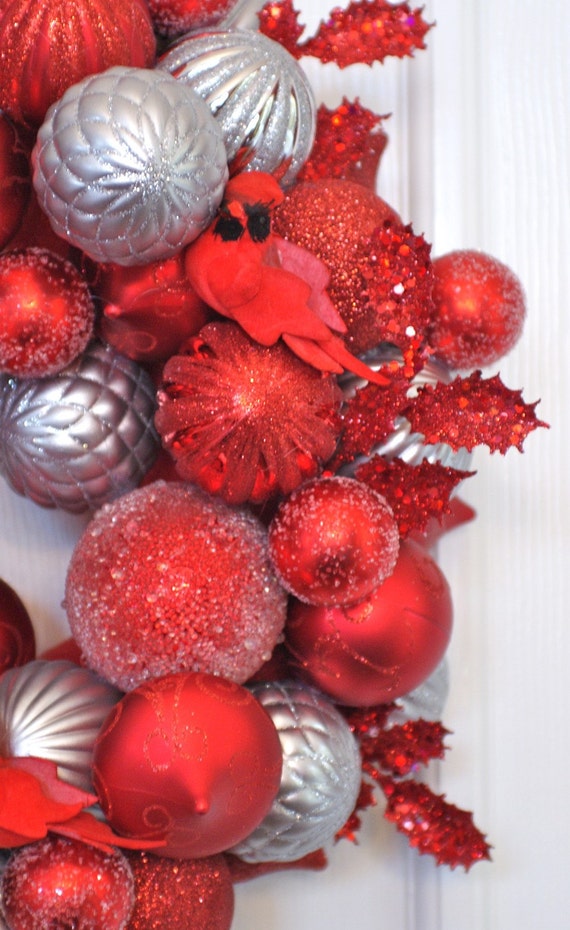 Red and Silver Christmas Ornaments with Red Cardinal Wreath