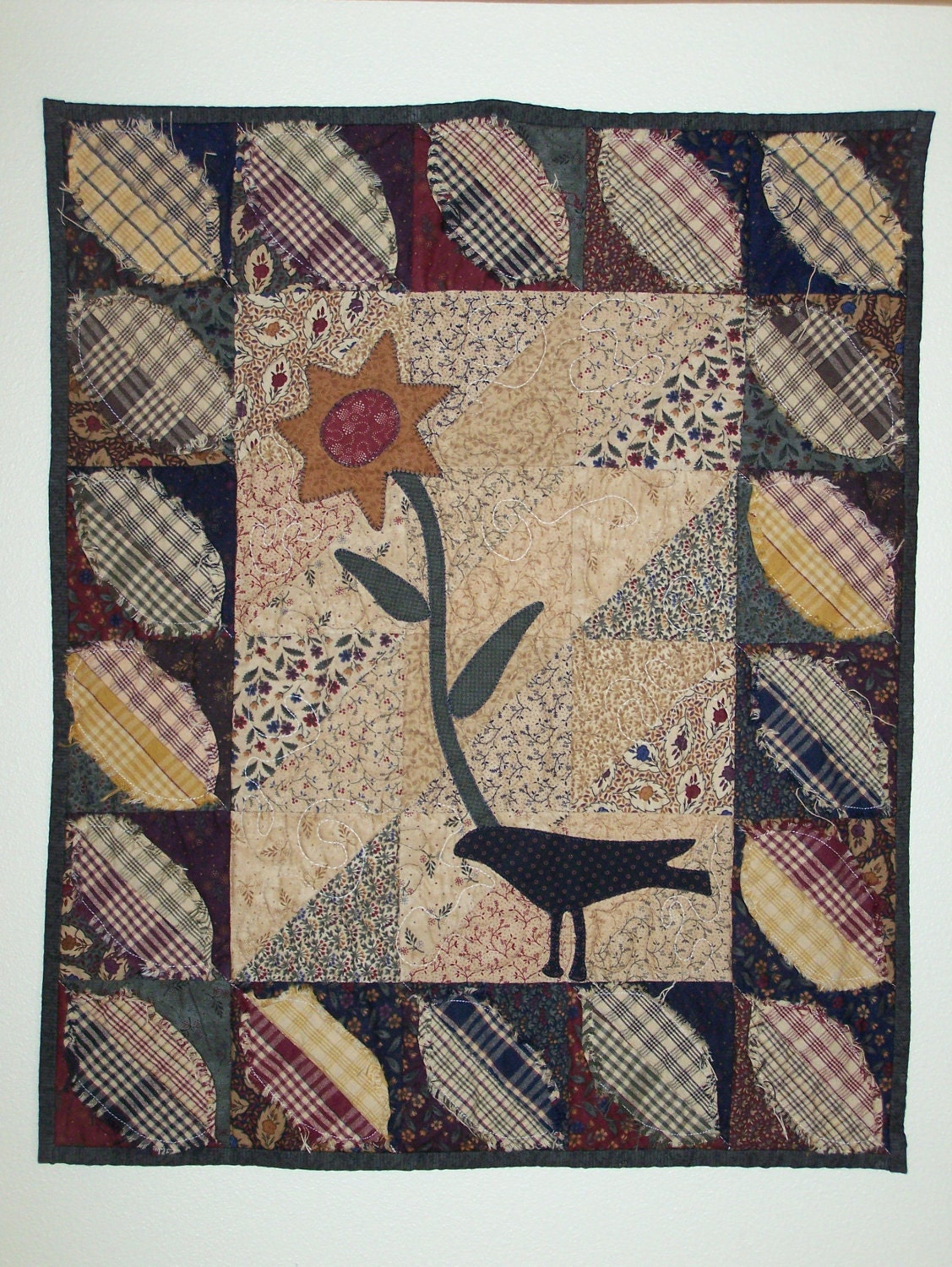 Primitive Crow Sunflower Appliqued Wall Hanging Quilt Moda