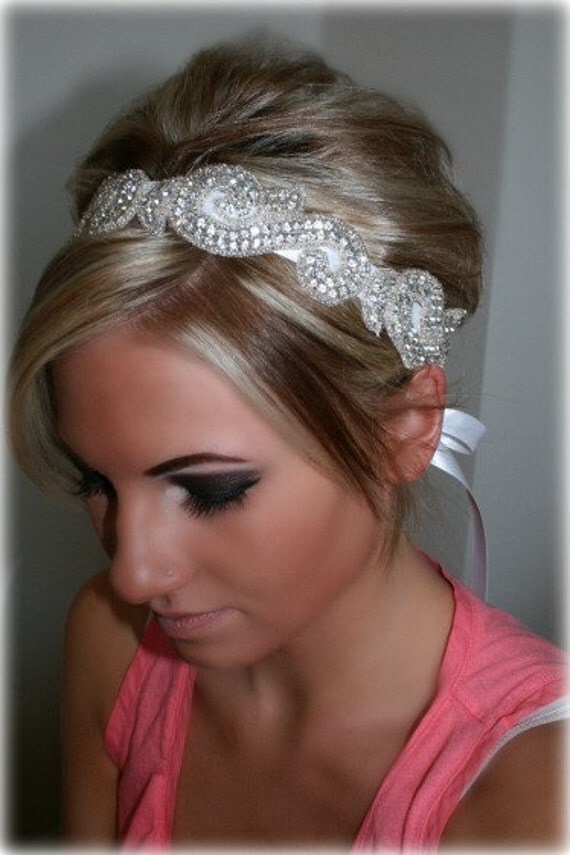 Jeweled Bridal Headband on a Satin Ribbon Tie