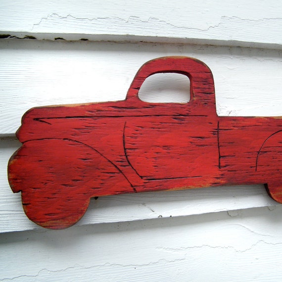 PickUp Truck Sign Wooden Vintage Style Red Truck Retro Wall