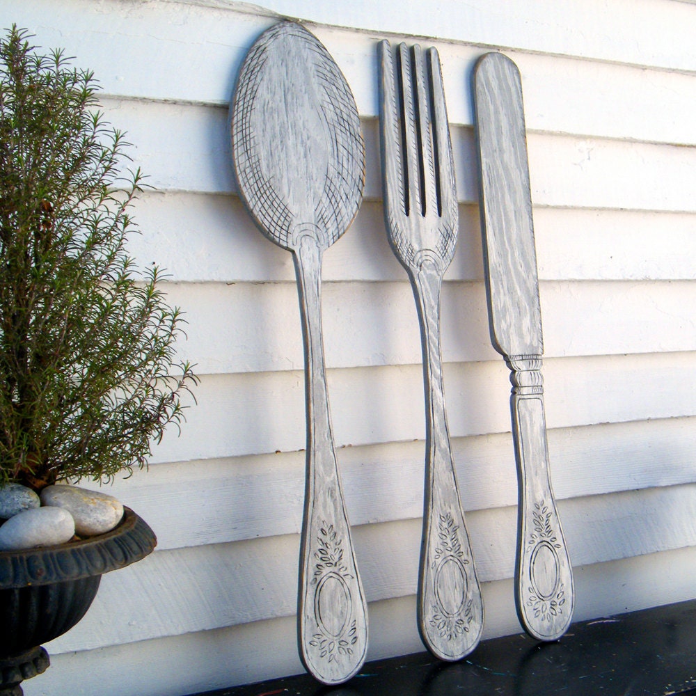 Knife Fork and Spoon Wall Decor Wooden Kitchen Decor Large