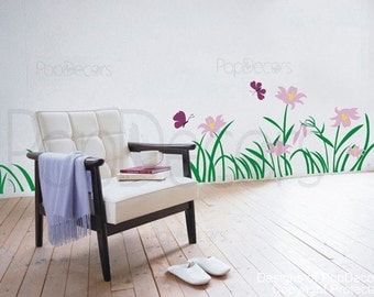 Flowers Wall Decal Grass Wall Decal Butterflies Wall Decal Floral Stickers- Flowers and grass -Designed by Pop Decors