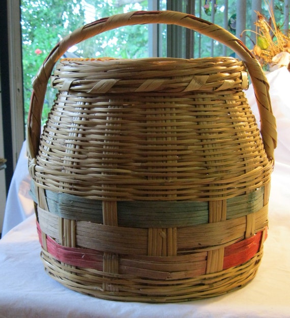 Vintage Floor Round Wicker Storage Basket With Handle Lid