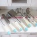Vintage Toy Kitchen Child Play Utensils A & J Blue Cream Play Dishes Toy Stove 1930