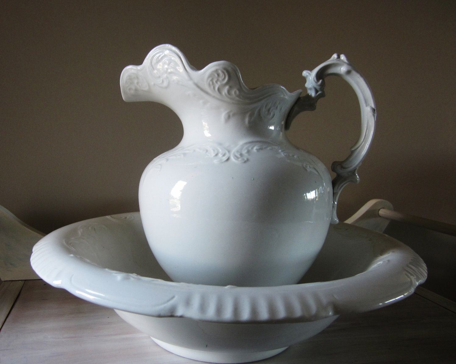 Antique Bonita White Ironstone Pitcher and Bowl Shabby Chic