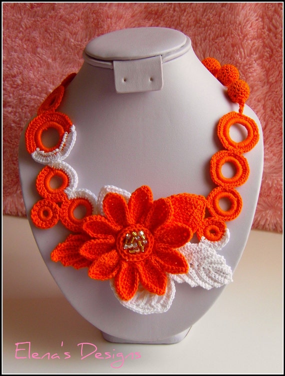 SALE Crochet Set Necklace Earrings Orange by elenascrochetjewelry