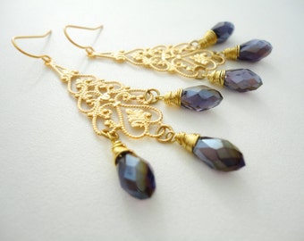 Gold Chandelier Earrings Chandelier Earring Chandelier Crystal Earrings Amethyst Purple Teardrop Gold Chandelier Earring Gift for Her
