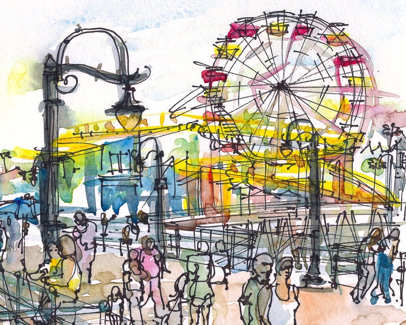 Santa Monica Pier California watercolor sketch in by SketchAway