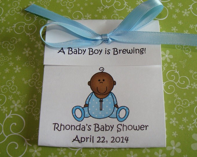 African American Baby Boy in Blue outift Shower Sprinkle Tea Party Favors Tetley Tea 1st Birthday Favors