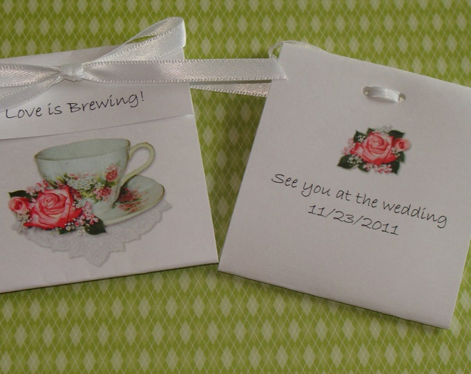 Cute Pretty in Pink Coral Roses Personalized Tea Bag Wedding and Bridal Shower Party Favors