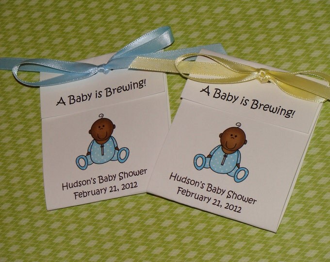 African American Baby Boy in Blue outift Shower Sprinkle Tea Party Favors Tetley Tea 1st Birthday Favors