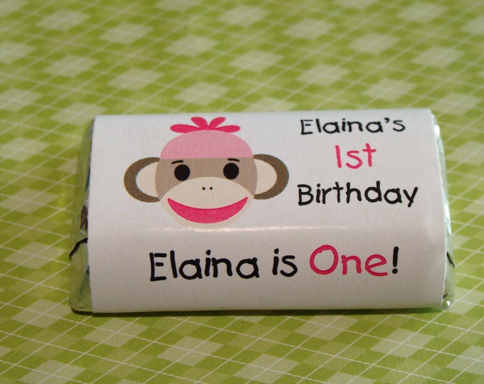 Personalized Sock Monkey Mini Candy Bar Wrappers for Girl Boys 1st 2nd 3rd 4th Birthday ~ Baby Shower Party Favors perfect for goody bags