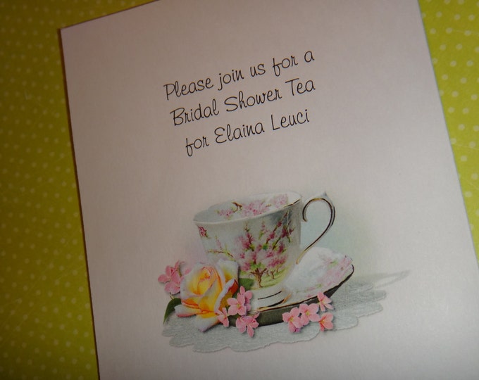 Personalized Blossom Pink Rose Teacup Tea Invitations Thank You Cards Note Cards for Birthday Bridal Shower Wedding Anniversary Party