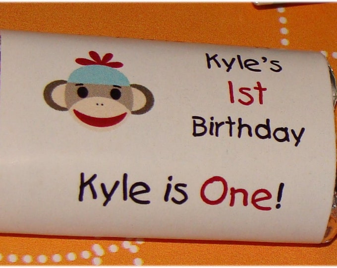 Sock Monkey Mini Candy Bar Wrappers for 1st 2nd 3rd 4th Birthday or Baby Shower Party Favors perfect for goody bags