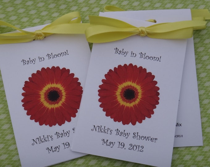 Red and Yellow Gerber Daisy design Baby Shower Favors Personalized with Wildflower Seeds for Baby or Bridal Shower SALE