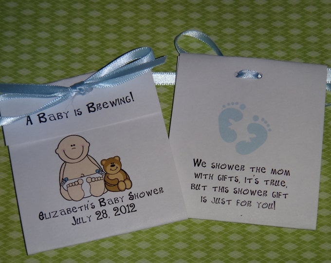 Super Cute Baby Boy with his teddy bear tea bag party favor for a Baby Shower or Baby Sprinkle