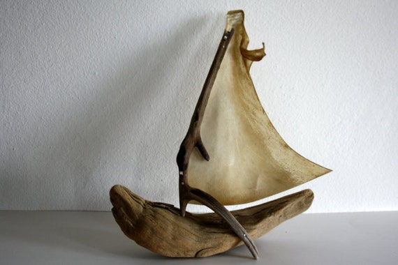 driftwood boat with a sail from genuine goatskin parchment size 20 