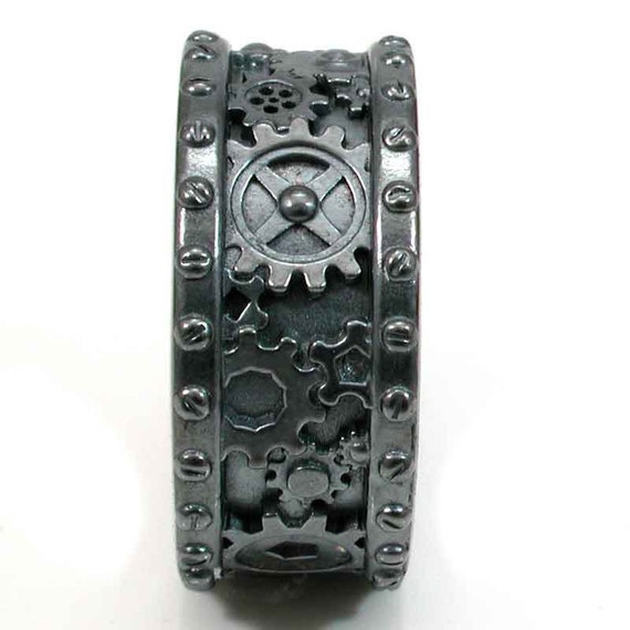 Steampunk Black Silver Gear Ring - Steam punk Wedding Ring