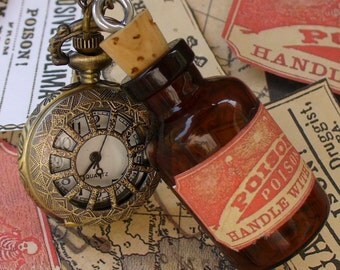 Steampunk pocket WATCH flask mini SHOT bottle pendant Necklace potion Victorian pendant charm bottle wicca wizard witch