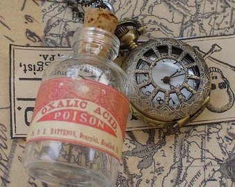 Steampunk TINY Skeleton WATCH - flask - mini SHOT bottle pendant Necklace----R A R E - never late for your potion drink
