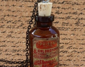 Steampunk Victorian goth Wicca witch wizard flask bottle pendant charm necklace POISON Victorian Alice in Wonderland--MINI shot bottle