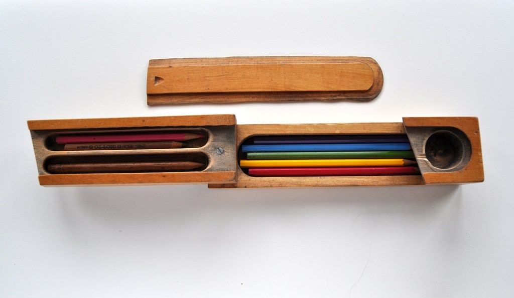 Vintage Wooden Pencil Case 1950s Sliding Top Box