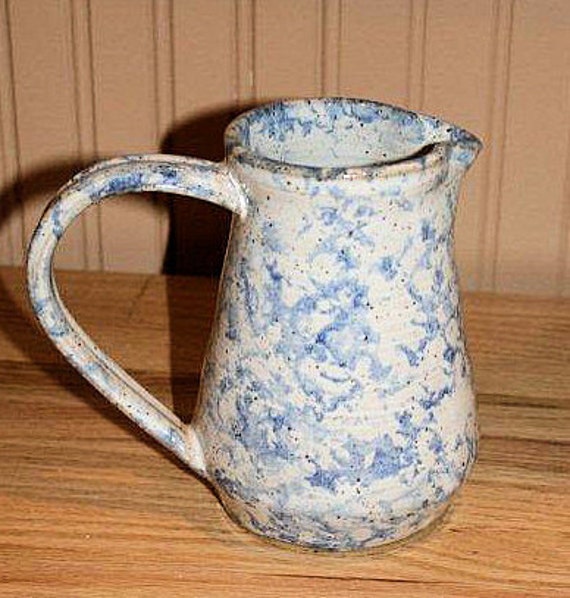 Pottery pitcher, blue and white spongeware, vase, serving, entertaining