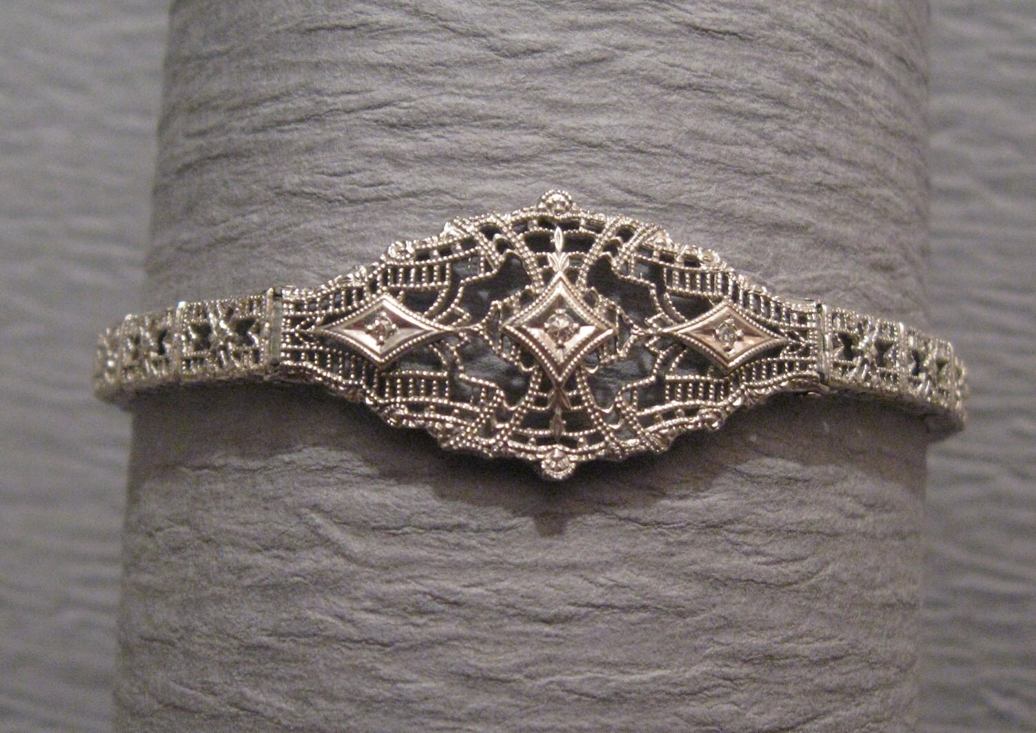 Art Deco Bracelet 10 Karat White Gold Filigree With Diamonds