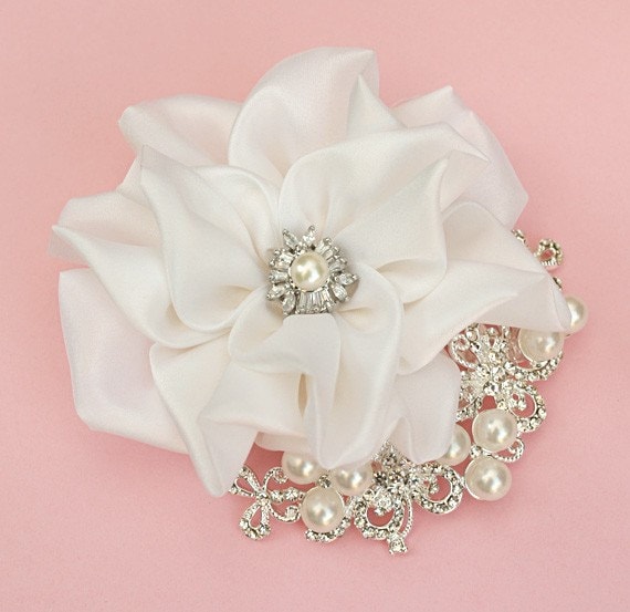 Silk Flower Wedding Hair Comb with Rhinestone Crystals and