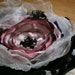 Pink, white, black, leopard and lace fabric flower brooch with Swarovski crystals and seed beads