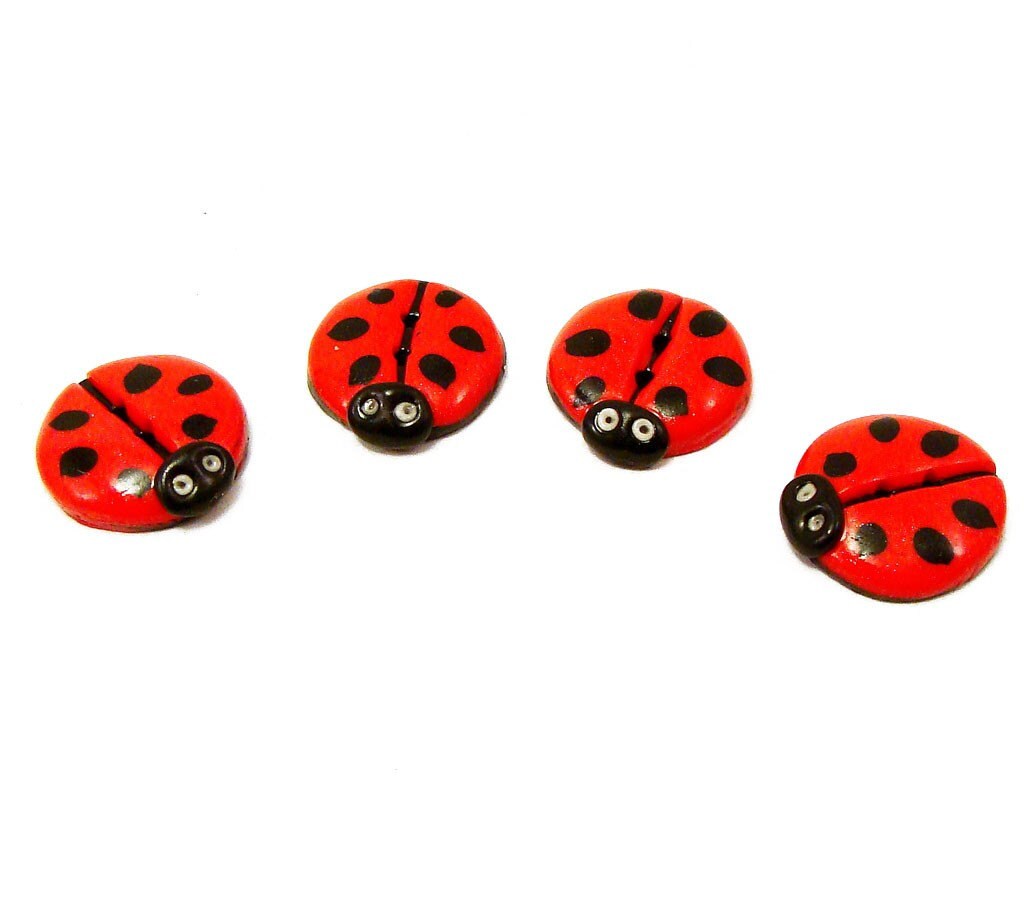 Polymer Clay Buttons ladybug red black polka dot flat set of