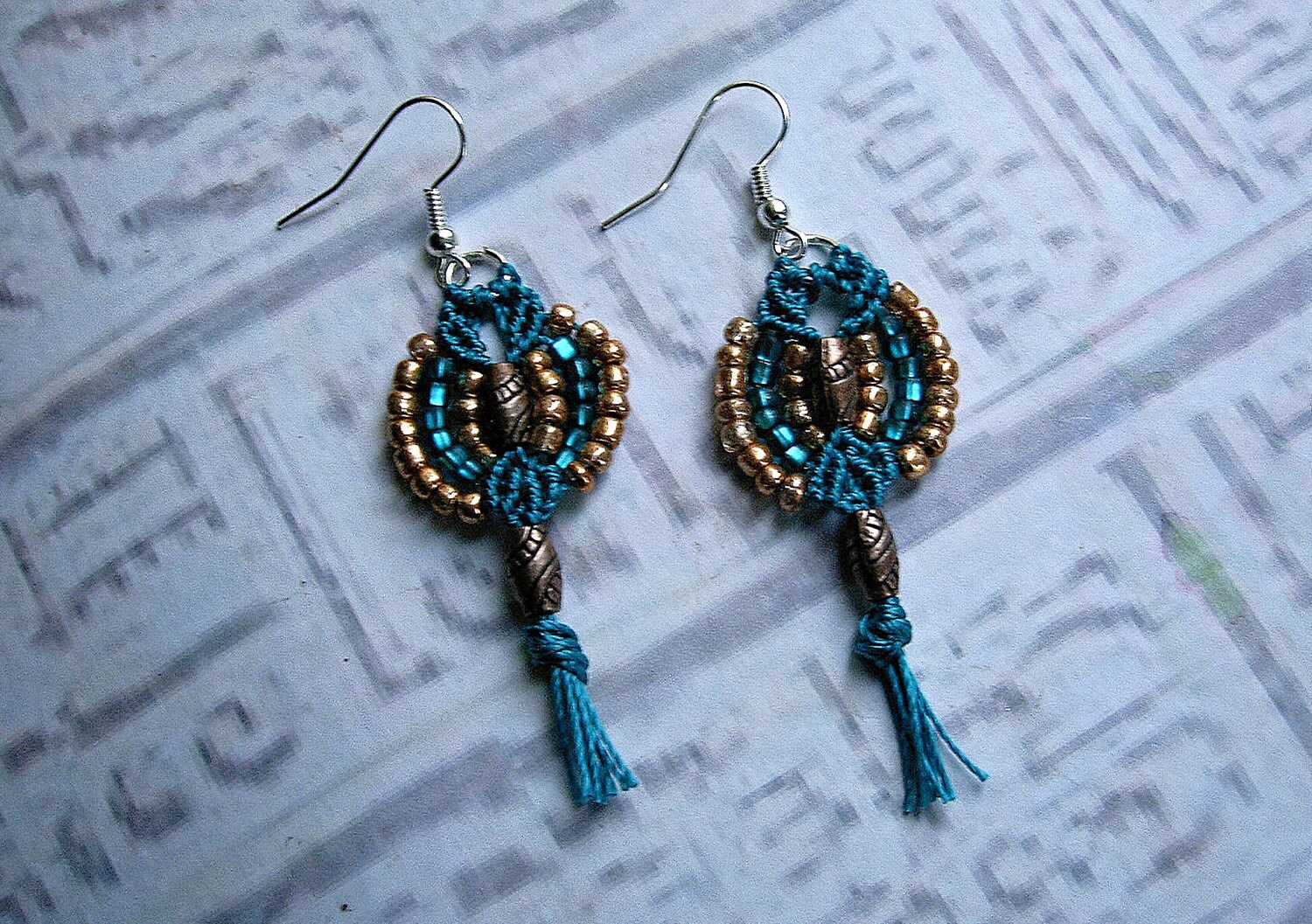 Micro macrame earrings in teal and copper. Gypsy macrame
