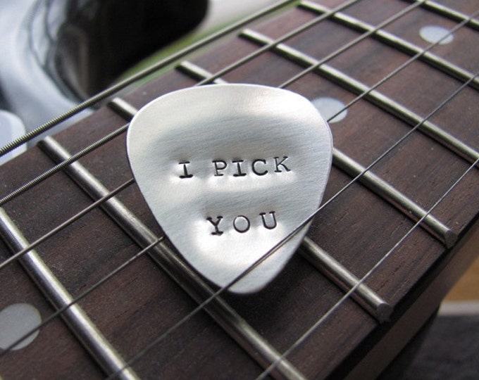 Personalized Guitar Pick: Hand Stamped custom pick in nickel, copper, aluminum, or sterling silver. Father's Day, birthday, christmas,