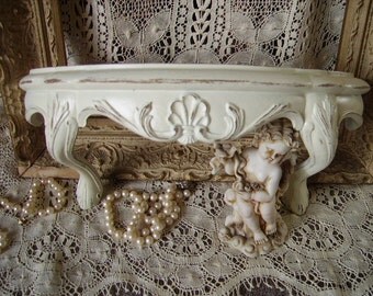 Shabby White, Vintage French Cottage Baroque Wall Shelf, small ornate shelf