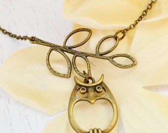 Owl Necklace, Branch Necklace, Tree Branch, Owl Jewelry Necklace, Leaf Pendant, Owl Charm NecklaceOwl Necklace, Branch Necklace, Tree Branc