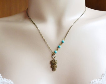 Owl Necklace, Owl Jewelry Necklace,Owl Charm Necklace, Turquoise Owl Necklace. Antique Brass Necklace, Handmade Owl Necklace