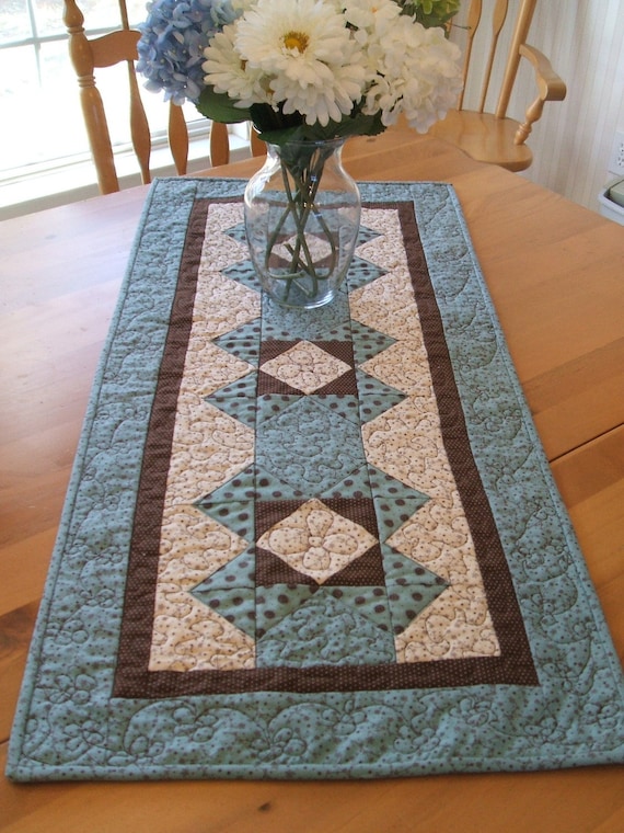 Teal and Brown Table Runner by QuiltedDecorAndMore on Etsy