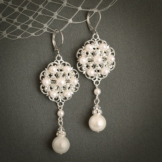 ABRA Pearl and Crystal Wedding Bridal Earrings by GlamorousBijoux